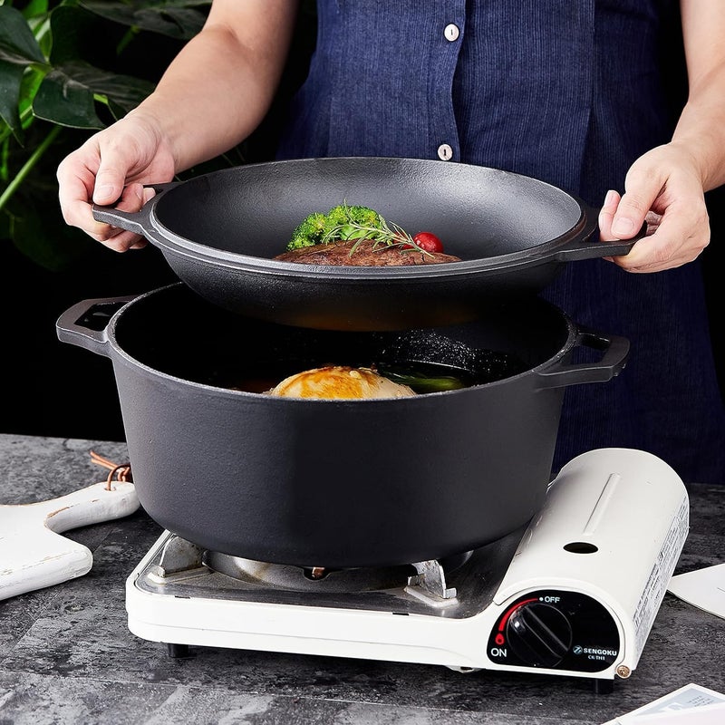 Bruntmor Pre-Seasoned Cast Iron Double Dutch Oven with Skillet Lid - 7 Quart All-in-One Casserole and Braising Pan - Heavy Duty and Oven Safe Black Cookware for Versatile Cooking - 14.7 x 6.9 Inches - Image 2